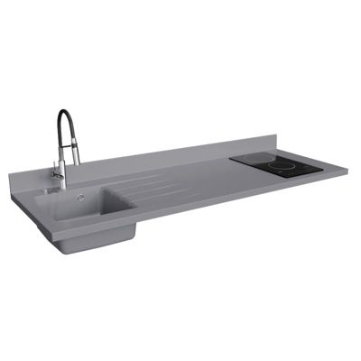 Plan de travail monobloc PlaniQuartz avec évier - 180 cm - Cromo - évier à gauche - Plaque de cuisson Vitrocéramique