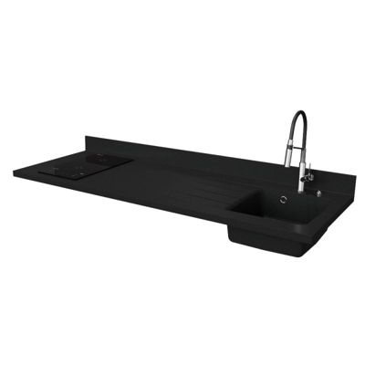 Plan de travail monobloc PlaniQuartz avec évier - 180 cm - Nero - évier à droite - Plaque de cuisson Induction
