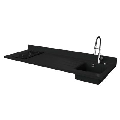 Plan de travail monobloc PlaniQuartz avec évier - 180 cm - Nero - évier à droite - Plaque de cuisson Vitrocéramique
