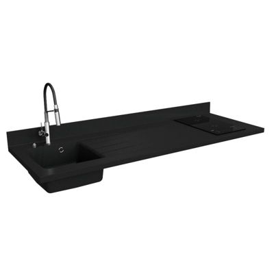 Plan de travail monobloc PlaniQuartz avec évier - 180 cm - Nero - évier à gauche - Plaque de cuisson Induction