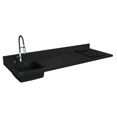 Plan de travail monobloc PlaniQuartz avec évier - 180 cm - Nero - évier à gauche - Plaque de cuisson Vitrocéramique