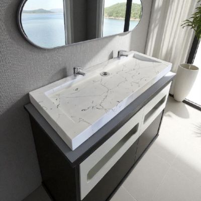 Plan double vasque Blanc effet marbre 80x47x8 édition céleste en béton fibré cimenté , fabriqué artisanalement en France