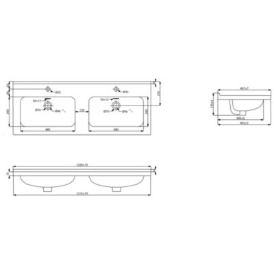 Plan double vasque en céramique blanc l.120 x P.45 cm avec plage de dépose au centre, Kentia