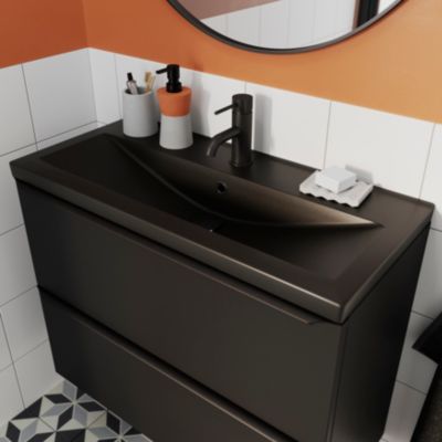 Plan vasque faible profondeur en céramique noir l.80 cm, GoodHome Nira