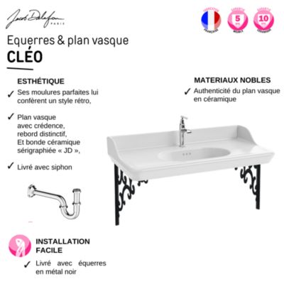 Plan vasque suspendu JACOB DELAFON Cléo 1889 avec équerres métal noir + colonne droite + miroir + robinet lavabo chromé + siphon