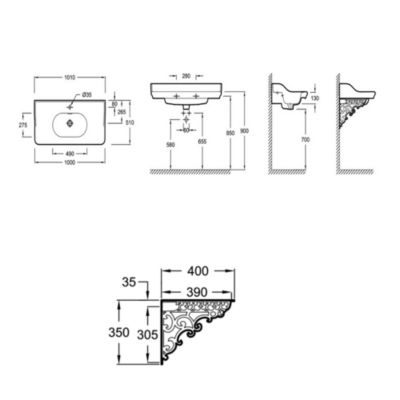 Plan vasque suspendu JACOB DELAFON Cléo 1889 avec équerres métal noir + colonne droite + miroir + robinet lavabo chromé + siphon