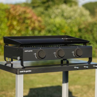 Plancha gaz 3 brûleurs 6 kW avec plaque acier émaillé et récupérateur de graisse Cook'in garden