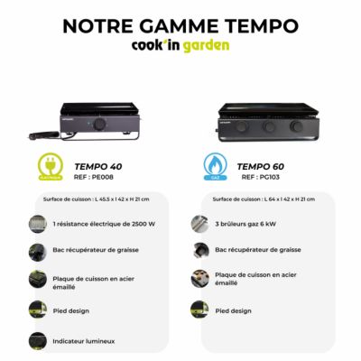 Plancha gaz 3 brûleurs 6 kW avec plaque acier émaillé et récupérateur de graisse Cook'in garden
