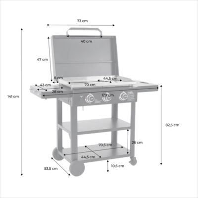 Plancha gaz 3 brûleurs acier inoxydable 12kW avec chariot noir - Raoul