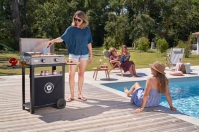 Plancha gaz La Plancha inox sur chariot noir avec couvercle Le Marquier