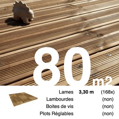 Planches de terrasse Pin autoclave Marron pour 80 m², Longueur 3,3 m.