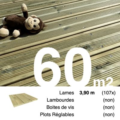 Planches de terrasse Pin autoclave Vert pour 60 m², Longueur 3,9 m.