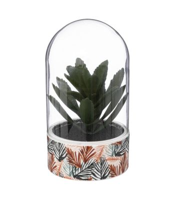 Plante artificielle sous Cloche en verre Pot en céramique D 11 x H 20 cm