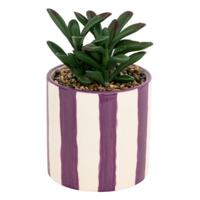 Plante grasse artificielle dans un pot en céramique à rayure mauve H 16.5 cm