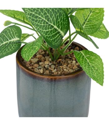 Plante verte artificielle Pot en céramique Bleue émaillée H 16 cm