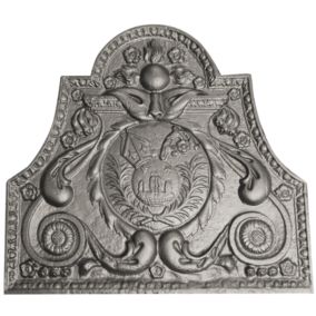 Plaque de cheminée armes épiscopales Dommartin grise H. 90 cm X L. 1000 cm