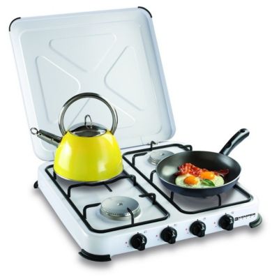 Plaque de cuisson gaz portable 4 feux - Réchaud gaz 4650W Blanc Couvercle et grilles amovibles Camping Cuisine Exterieure KEMPER