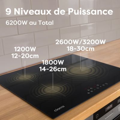Plaque de cuisson induction 3 foyers 6200W fonction boost L59xP52cm 9 puissances securité enfant auto-stop minuterie Ciarra CD3BIH