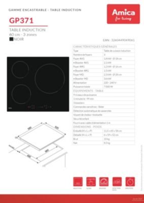 Plaque de cuisson induction 3 foyers - coloris noir - l.60 x P.52 x H.6 cm - Amica GP371