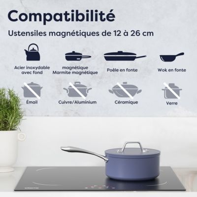 Plaque de cuisson induction 4 foyers 6000W L59xP52cm commande tactile 9 niveaux de puissance Ciarra CD4BIH