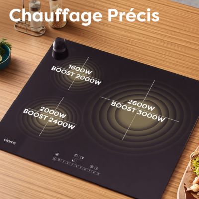 Plaque de cuisson induction encastrable 59cm 3 foyers 6200W boosters 9 niveaux  minuterie CD3BBIH Ciarra