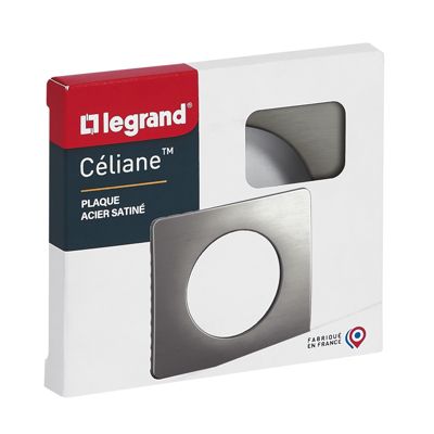 Plaque de finition 1 poste Legrand Céliane CP1821 coloris acier satiné l.90 x P.9 x H.82 mm