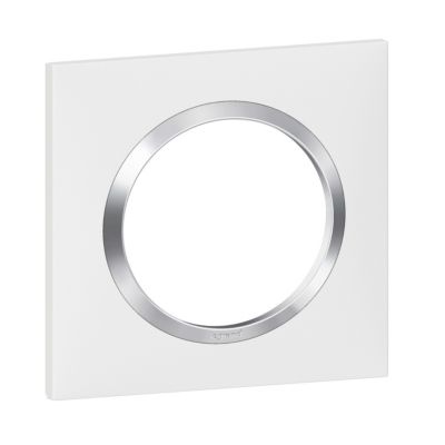 Plaque de finition 1 poste Legrand Dooxie 6 008 41 coloris blanc mat avec bague effet chrome l.87 x P.10 x H.87 mm