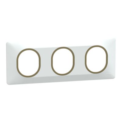 Plaque de finition 3 postes Schneider Electric Ovalis S320706D coloris blanc avec liseré laiton l.229 x P.10 x H.87 mm
