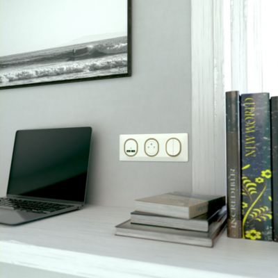 Plaque de finition 3 postes Schneider Electric Ovalis S320706D coloris blanc avec liseré laiton l.229 x P.10 x H.87 mm