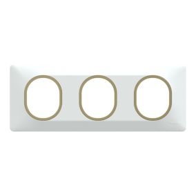 Plaque de finition 3 postes Schneider Electric Ovalis S320706D coloris blanc avec liseré laiton l.229 x P.10 x H.87 mm