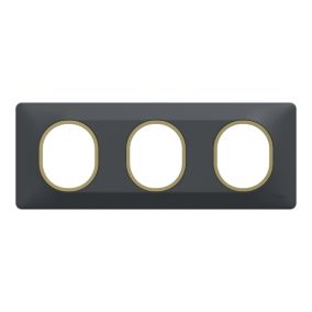 Plaque de finition 3 postes Schneider Electric Ovalis S340706E coloris anthracite avec liseré laiton l.229 x P.10 x H.87 mm