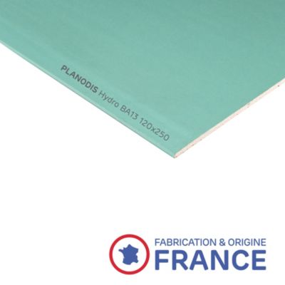 Plaque de plâtre hydrofuge BA13 Planodis 120 x 250 cm, ép.12,5 mm (vendue à la plaque)