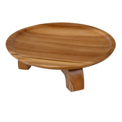 Plateau de présentation rond bois de teck D. 30 cm sur pieds - KESTIS