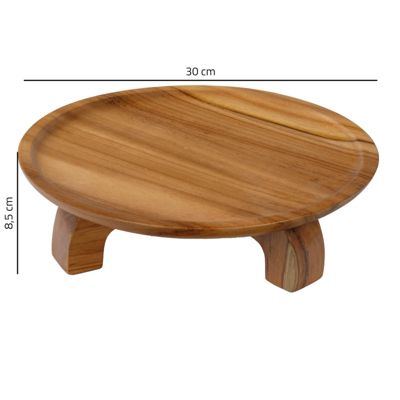 Plateau de présentation rond bois de teck D. 30 cm sur pieds - KESTIS