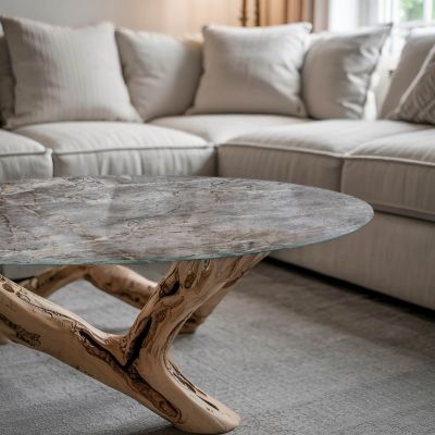 Plateau en verre trempé Tulup fi70 cm Motif naturel de marbre