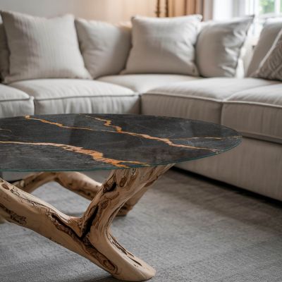 Plateau en verre trempé Tulup fi90 cm Motif marbré avec veines