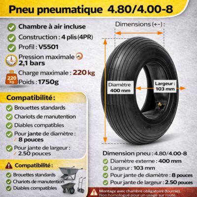 Pneu brouette  4.80/4.00-8 V5501 4PR avec chambre à air  max 220 kg