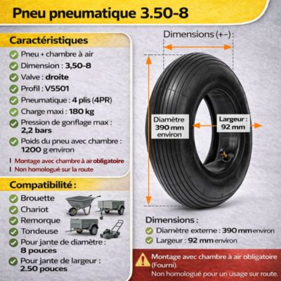 Pneu Brouette / Chariot  3.50-8   V5501  4PR  + Chambre à air  Max 180 kg