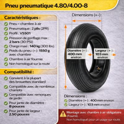 Pneu Brouette Chariot  4.80/4.00 -8 V5501  2PR + Chambre à air