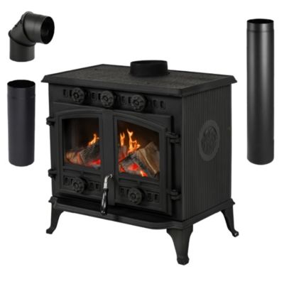 Poêle à bois en fonte Thunder ATAR 9,8 kW noir ÉcoDesign ensemble avec tuyaux 1 pièce.