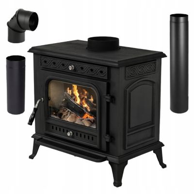 Poêle à bois en fonte Thunder HELIOS 9,8 kW noir ÉcoDesign ensemble avec tuyaux 1 pièce.