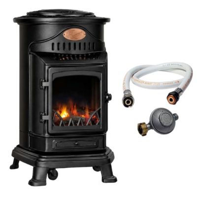 Poêle à gaz 3,4KW NOIR Fonte Véritable Effet feu de bois + Tuyau gaz + Détendeur butane Provence Sahara