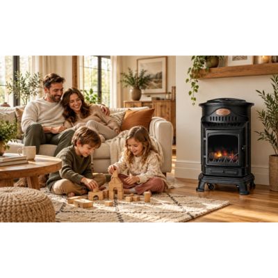 Poêle à gaz 3,4KW NOIR Fonte Véritable Effet feu de bois + Tuyau gaz + Détendeur butane Provence Sahara