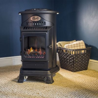 Poêle à gaz 3,4KW NOIR Fonte Véritable Effet feu de bois + Tuyau gaz + Détendeur butane Provence Sahara