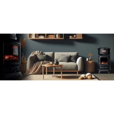 Poêle à gaz 3,4KW NOIR Fonte Véritable Effet feu de bois + Tuyau gaz + Détendeur butane Provence Sahara