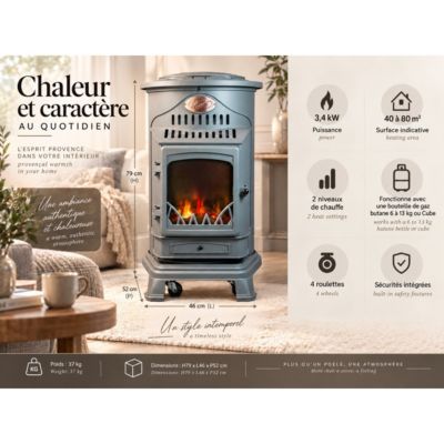Poêle à gaz Fonte véritable 3.4KW Gris Effet feu de bois Chauffage d'appoint Provence Sahara