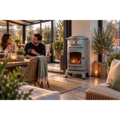 Poêle à gaz Fonte véritable 3.4KW Gris Effet feu de bois Chauffage d'appoint Provence Sahara