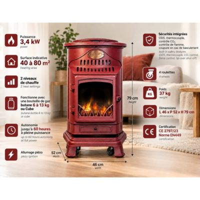 Poêle à gaz Fonte véritable 3.4KW Rouge Chauffage d'appoint au gaz Effet feu de bois Provence Sahara