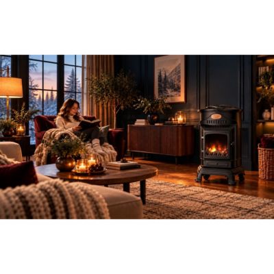 Poêle à gaz Provence Noir Mat 3,4 kW - Chauffage d'appoint en fonte, Effet feu de bois Sahara