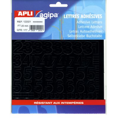 Pochette autocollante impression "Chiffres et symboles noirs" 177 stickers en polychlorure de vinyle (PVC) H.20 mm